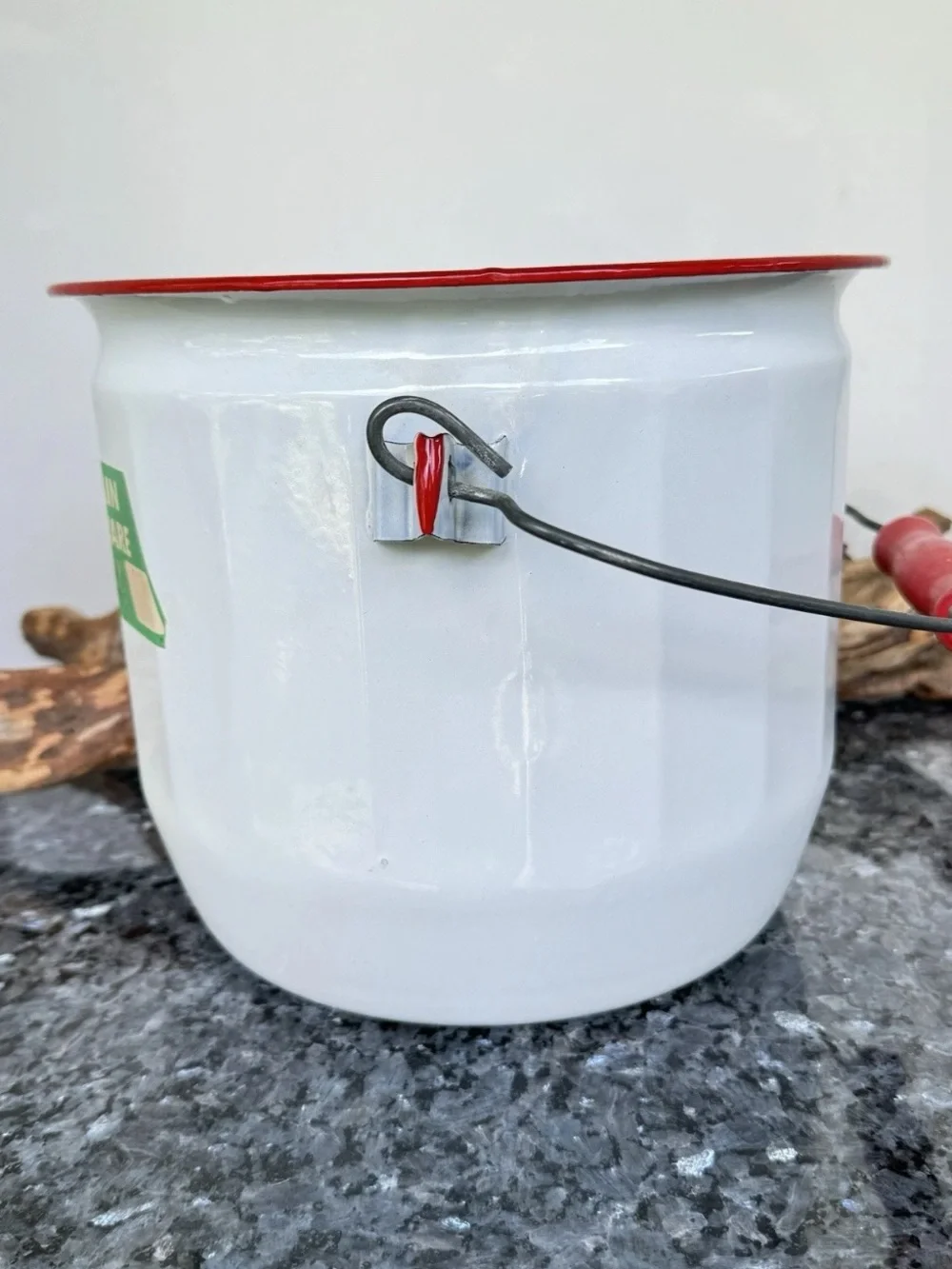 Vintage Fesco Porcelain Enamelware Pot With Wooden Handle, 8” White & Red Bucket